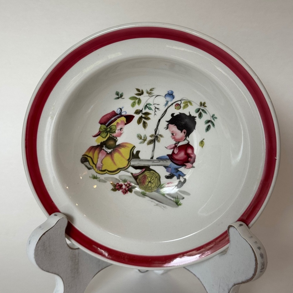 Wood & Sons England Seesaw Children Vintage Ironstone Bowl Red Rim 6.5 Inch